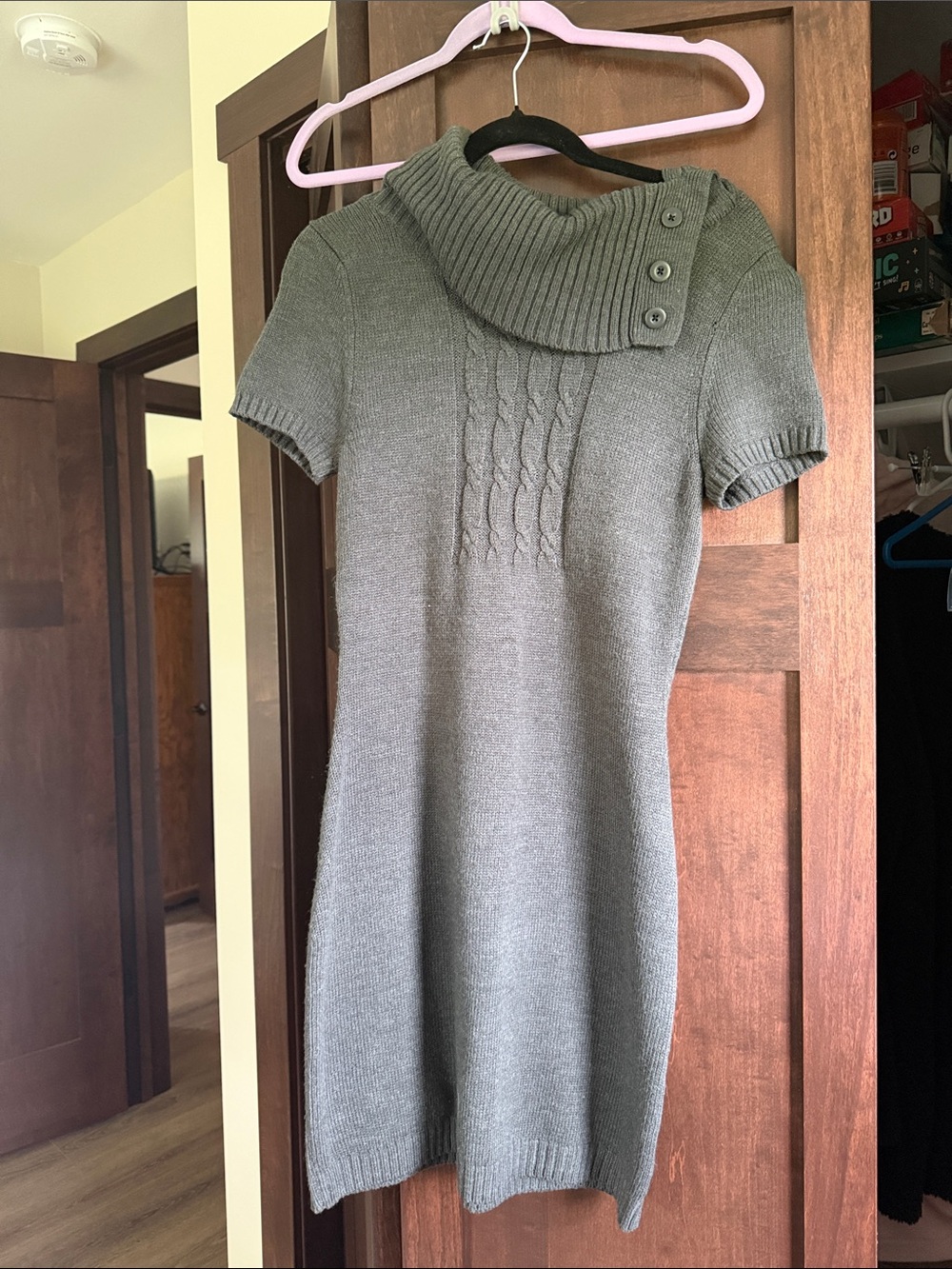 Decree Olive Gray Short-Sleeve Cowl Neck Sweater Dress